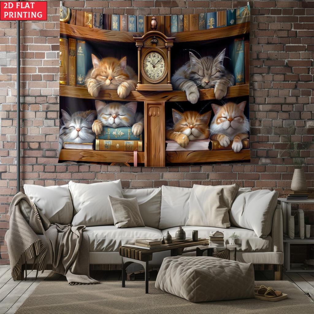 1pcs Cute Sleeping Kittens in Bookshelf Tapestry Cozy Cat Library Wall Hanging Aesthetic Room Decor 180x350cm