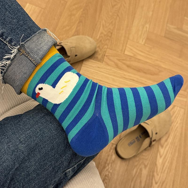 Japanese-Style Cute Cartoon Doll Striped Ruffle Socks - Spring & Summer Mid-Calf Cotton with Funny Embroidery One Size