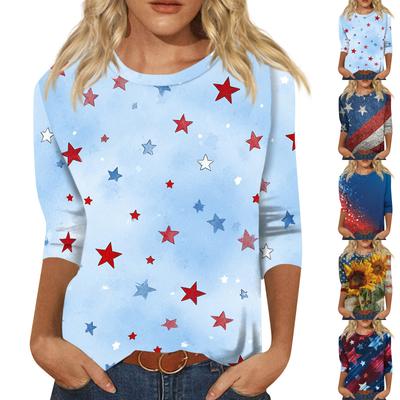Women's Fashionable Casual Round Neck Three-quarter Sleeve Independence Day Printed T-shirt Top