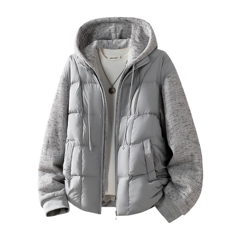 Men's Patchwork Cotton Coat, Velvet Thickened Cotton Coat, Warm Jacket, Hooded Fashionable Outer Coat