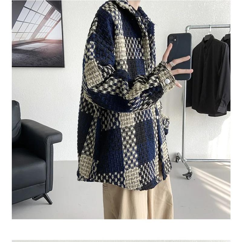 Fashion Loose Spell Color Grid Single Breasted Lapel Jacket Men's Spring Autumn Casual Jacket Pockets