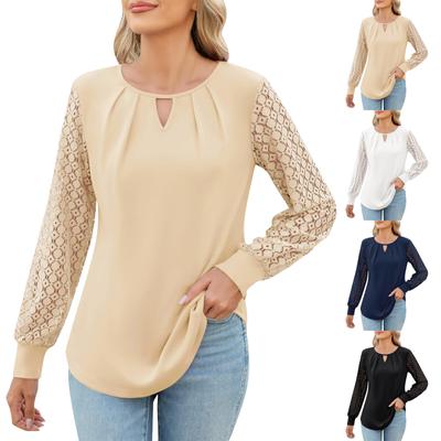 Women's Early Fall Knitted Lace Splicing Long-sleeved Round Neck Hollow T-shirt