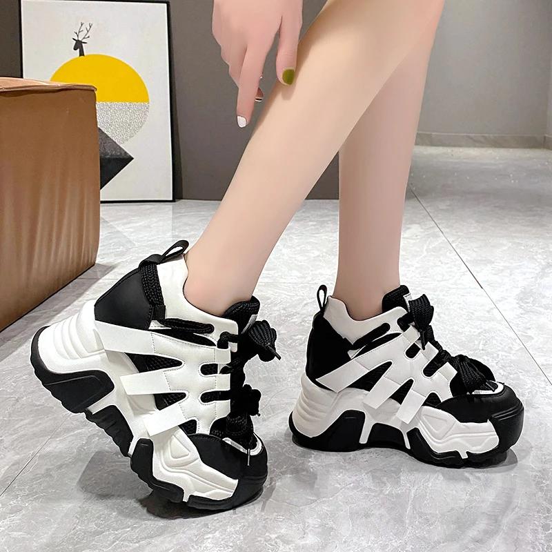 Fashion Women Autumn Leather Sneakers 10CM Heels White Mesh Casual Shoes New Fashion Woman Trainers Lace-Up Breathable Platform Sneakers