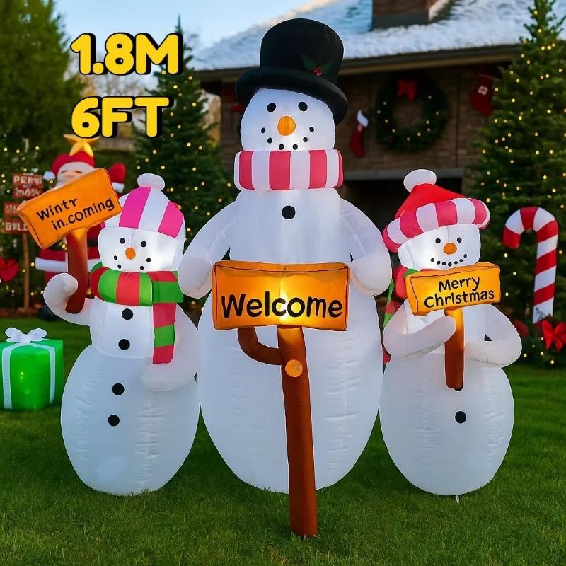 6FT/1.8M Inflatable Snowman Set of Three Holding Holiday Welcome Signs, Christmas Outdoor Yard Decor