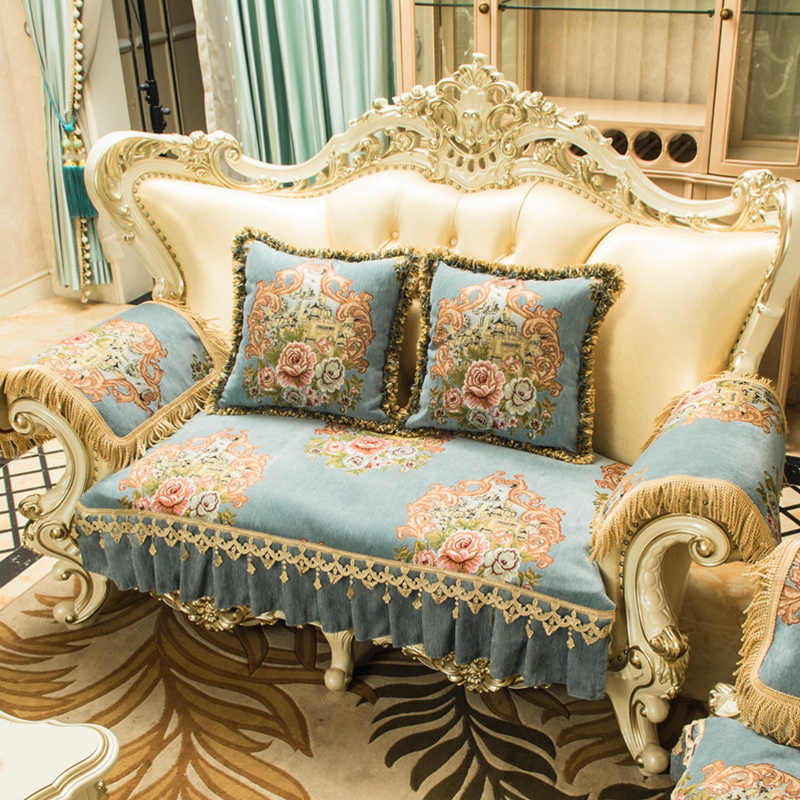 Chenille Fabric Jacquard Sofa Cushion Embroidery Slipcover Anti-slip Sofa Seat Cover Living Room Decor Lace Hem Furniture Covers
