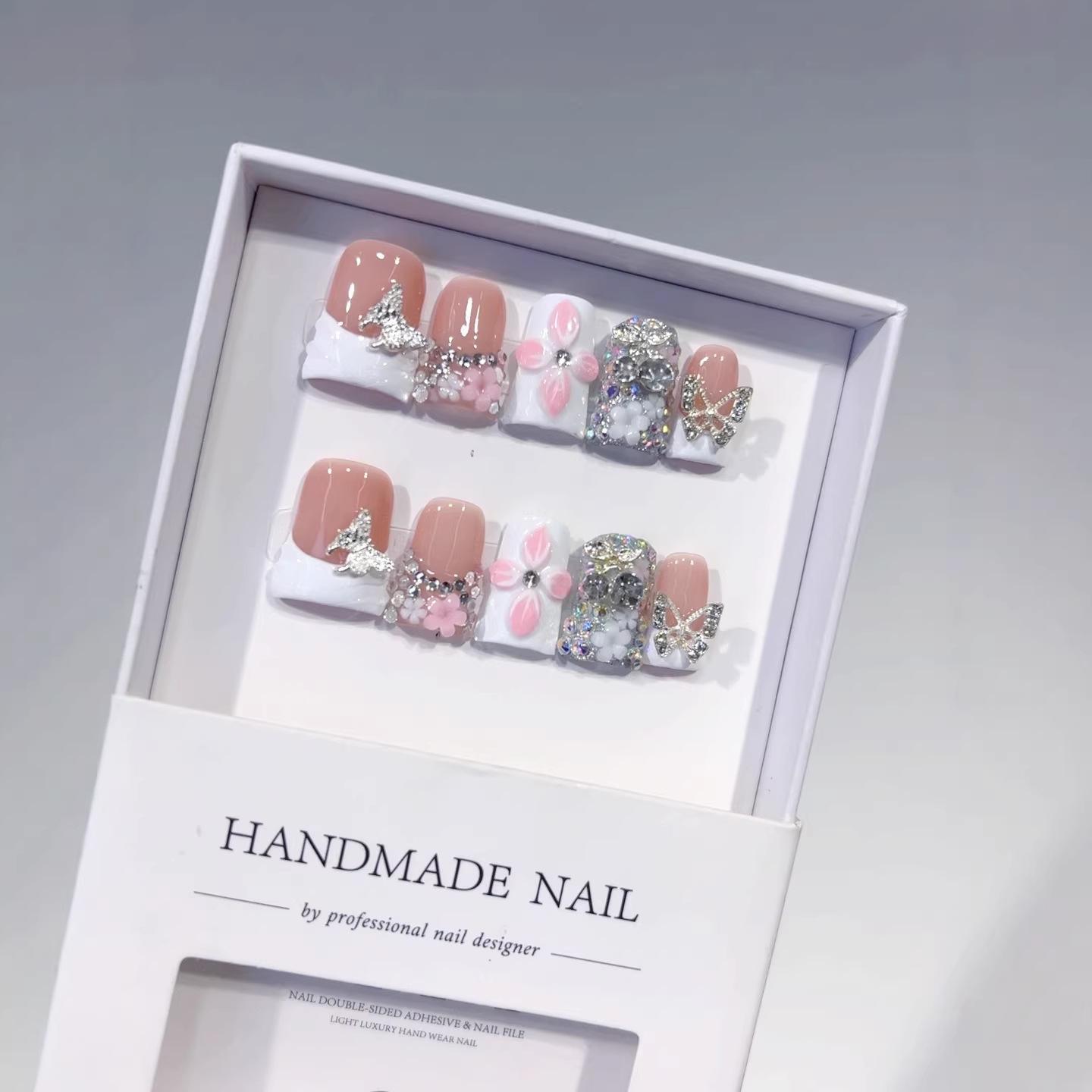 Sweet and Cool Wind Duck Bill Nail French Butterfly Three-dimensional Flower Pure Hand-worn Nail Finished Fake Nail XS
