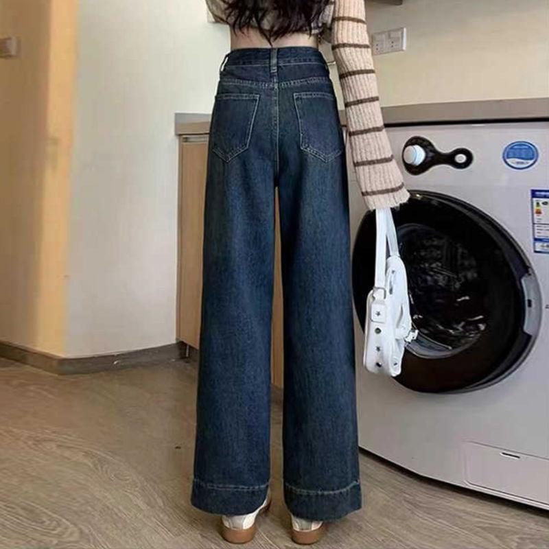 Plus Size Dark Denim Jeans Women Summer High Waist Loose Straight Wide Leg Pants Petite Figure Slim Long Trousers Non Stretch Jeans