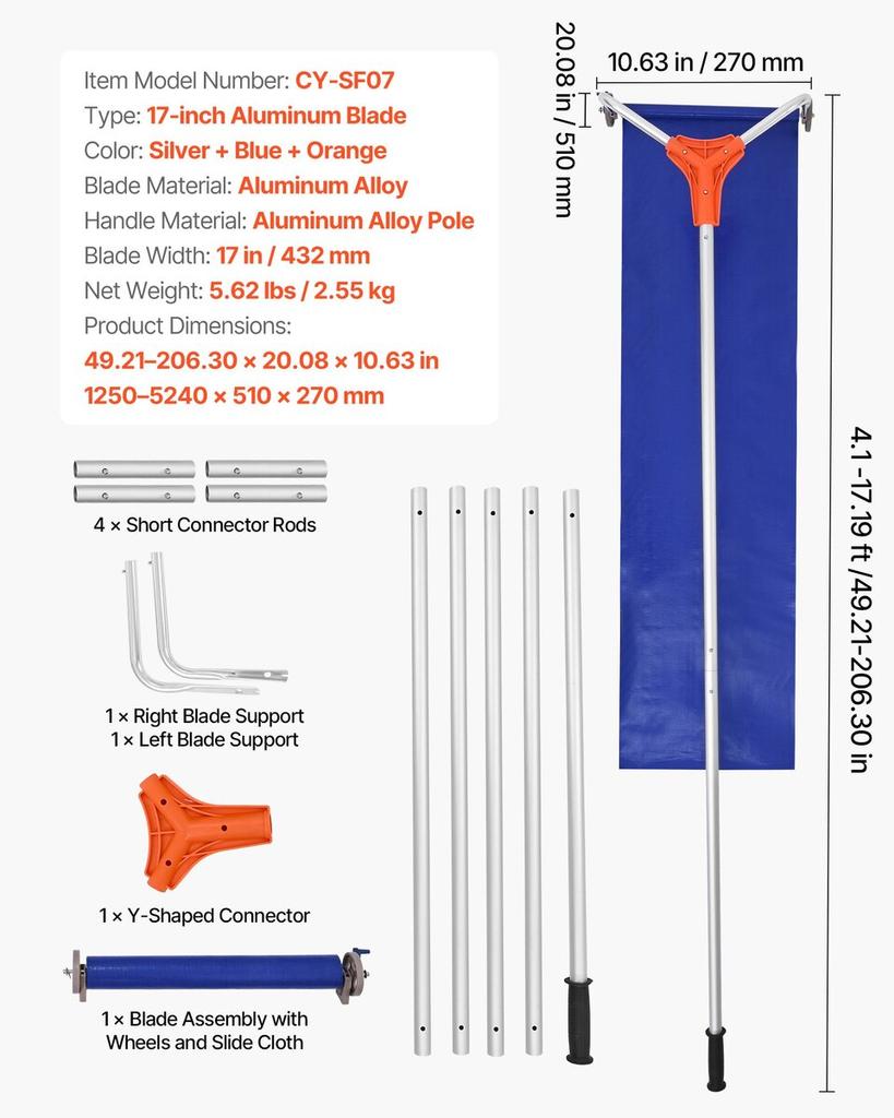 Schneeräumharke für Dächer, 27cm Aluminiumklinge, 1,25-5,24 m Verstellbarer Dachschneeschieber mit Rädern & Gleiter, Leichtes Schneeräumwerkzeug für Hausdach