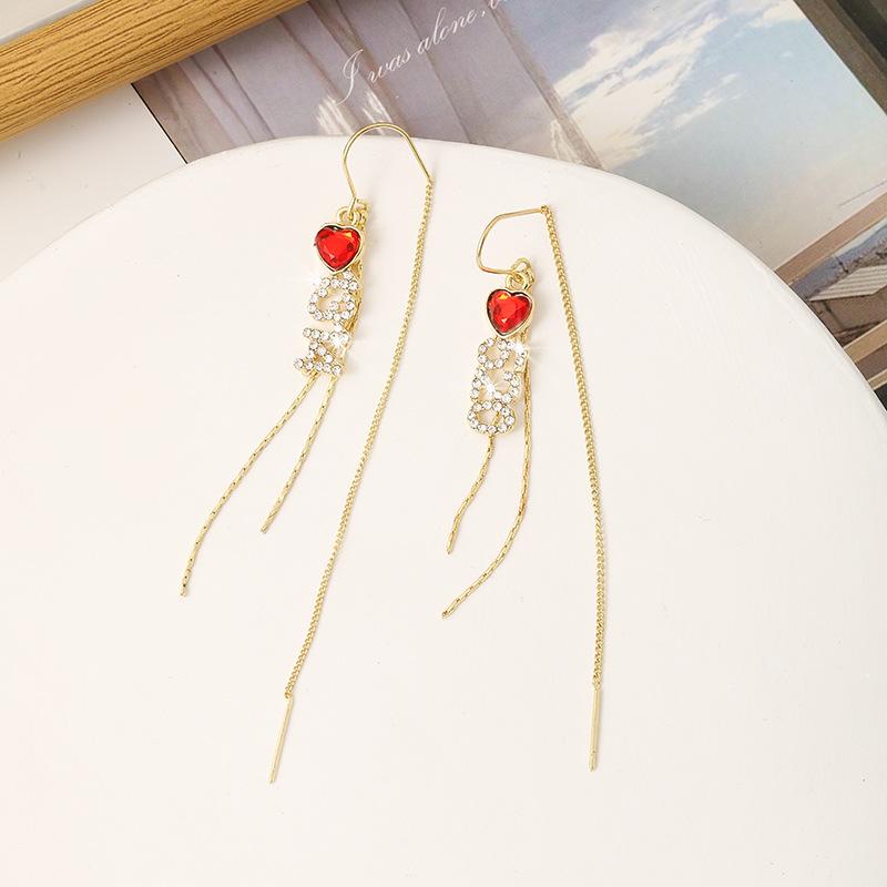 Silver Needle Long Red Earrings for Women, Niche High-End Earrings, Stud Earrings, Heart Tassel Fashionable Simple Style