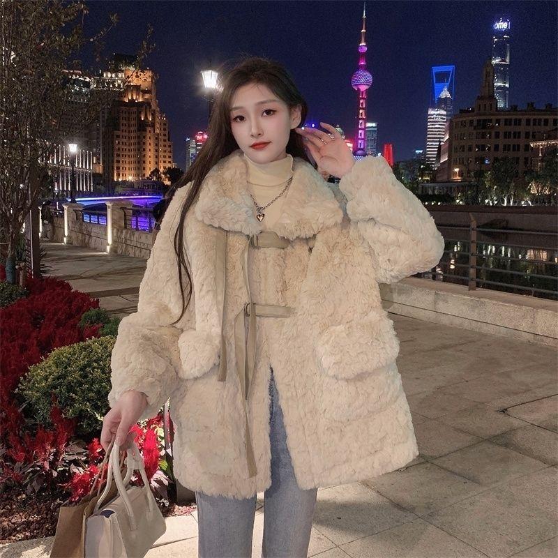 Autumn Winter New Thickened Fur One Piece Imitation Rabbit Hair Lamb Fur Standing Collar Loose Fur Coat Fashion Women