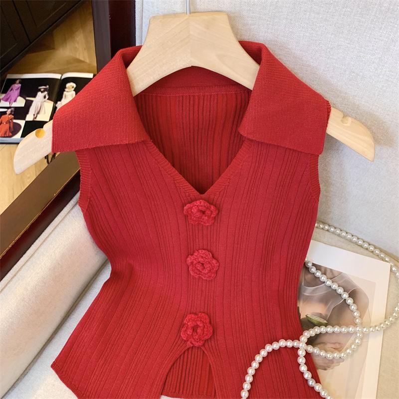 Sweet Pink 3D Floral Knitted Vest Women's Summer French Slim Fit Elegant Polo Collar Short Top