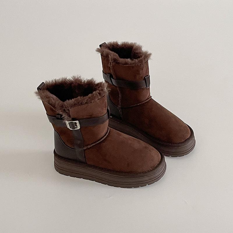 

Design sense with skirt round head thick sole belt buckle Martin boots winter fashion retro velvet warm flat bottom snow boots 40