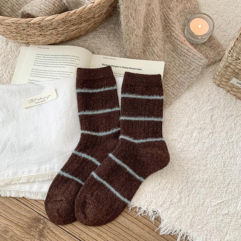 Retro Style Winter Coffee Blue Luxury Imitation Mink Stripe Contrasting Mid-Leg Socks Diamond Plaid Stack Socks Court Style Warmth One size fits all