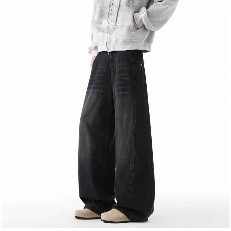 Mens Vintage High Street Wide Leg Jeans Relaxed Straight Casual Trousers Male Trendy Denim Pants