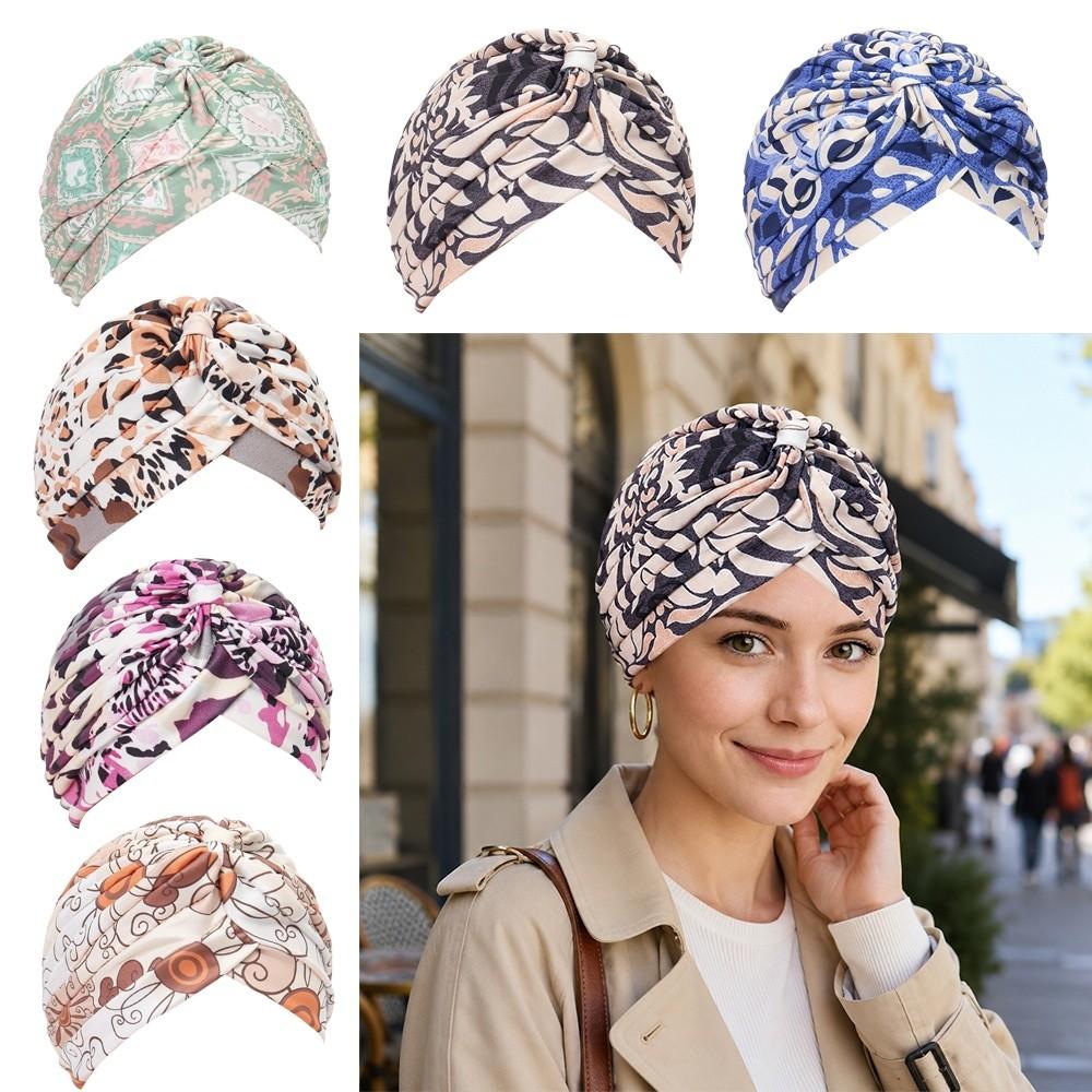 Pleated Hijab Caps Knotted Style Floral Head Wrap New Head Wrap Cap Women Headwear