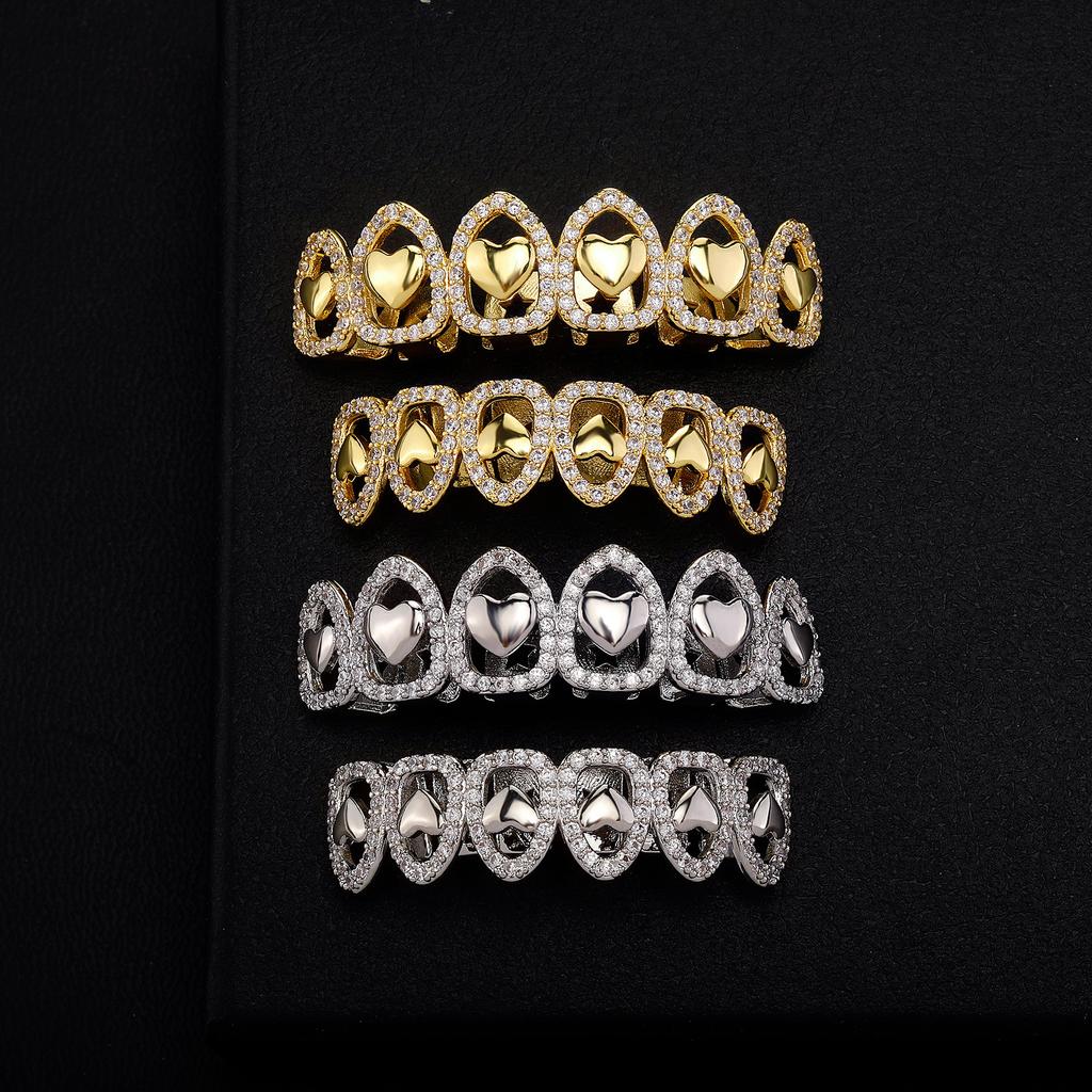 Factory  Halloween Jewelry Gold Silver Metal Color Plating Brass and Zircon Six Piece Hollow Out Heart Hip Hop Grillz