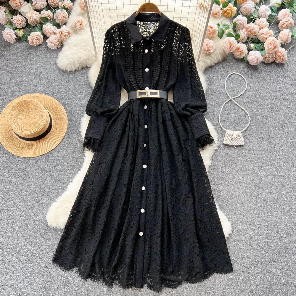 

Spring-Autumn Lapel French Lace Dress with Heavy Embroidery, Knee-Length and Flared Hem Small чёрный