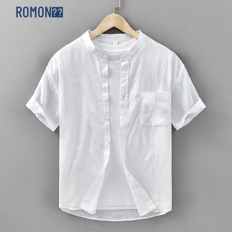 

ROMON Men s Pure Linen Short Sleeve Chinese Style Stand Collar Shirt 2XL