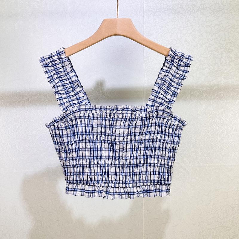 Seaside Blue & White Plaid Beaded Camisole Top + High-Waisted Skirt Set