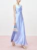High-End Acetate Glossy Swing Collar Dress: Summer Socialite Style with Pleated Waist-Cinching and Luxe Texture.