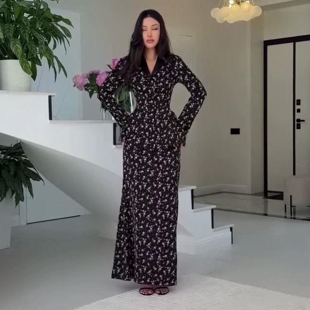 Spring and Autumn new European, American and Amazon cross-border V-neck floral long-sleeved top, fishtail skirt set
