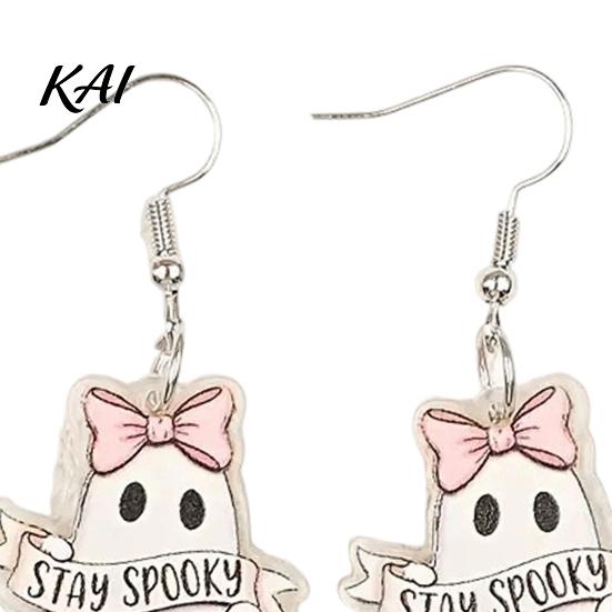 Pink Bow Pumpkin Drop Earrings 1 Pair Acrylic Ghost for Women, Halloween Cute Dangle Hypoallergenic Sensitive Ears with Bucket And Party Costume