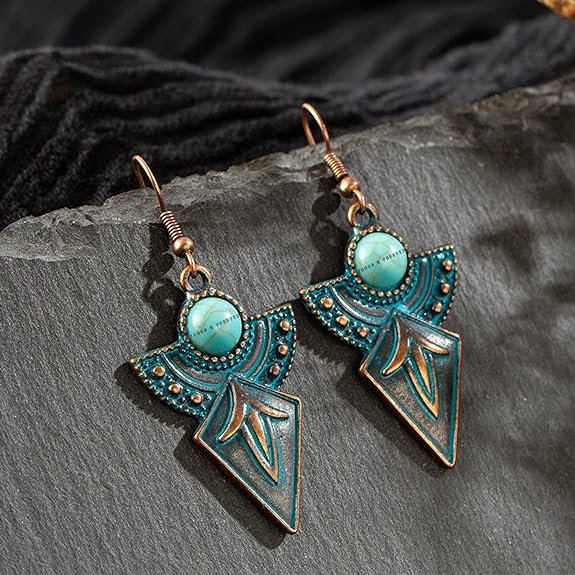 Valentinstagsgeschenk, oxidiertes Silber, schwarzes Metall, Messing und türkisfarbener Magnesitstein, hängende Traumfänger-Ohrringe für Frauen/Mädchen (blau)