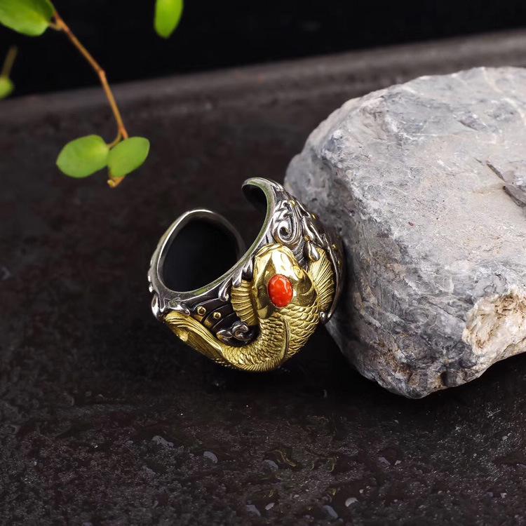 Men's Koi Adjustable S925 Silver Thumb Ring - Handmade Retro Ethnic Style Jewelry