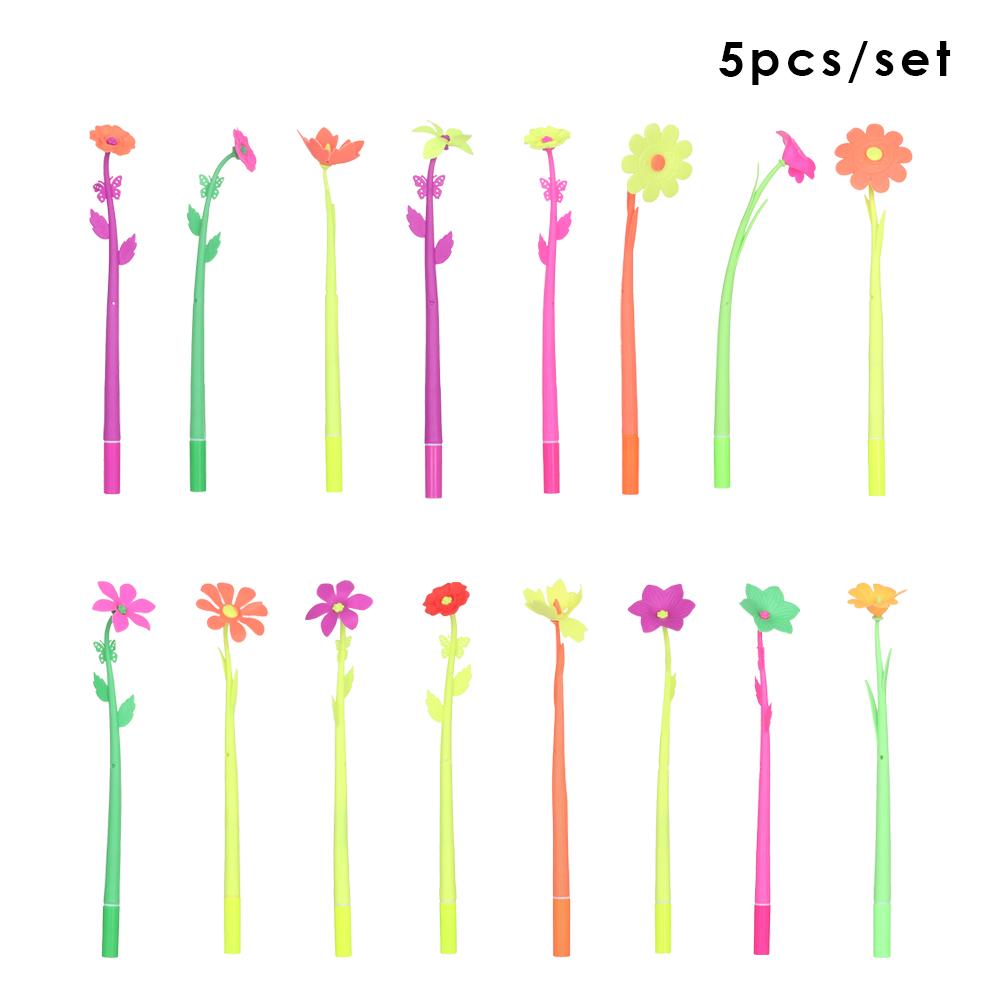 

5PCS Soft Silicone Flowers Gel Pens Colorful Flowers Ballpoint Pen 0.38mm Black Ink Pen School Office Stationary For Kids Gift
