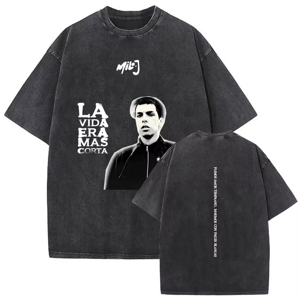 2026 Gewaschenes Vintage Rapper Milo J La Vida Era Mas Corta T-Shirt Hip Hop Mode T-Shirts Herren Damen Lässige Streetwear Top