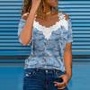 Women's V-Neck Lace Patchwork Tops Short Sleeves T-shirt Printed T-shirt Top