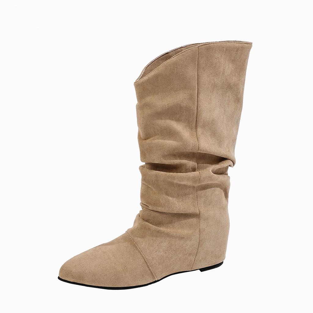 Inside Heightened Flat Single Shoes Autumn New Pointed Toe Suede Sleeve Suede Pleated Stack Boots