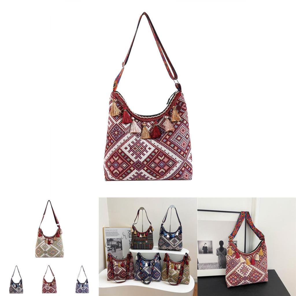 Embroidery Style Tassel Large Capacity Shoulder Bag With Zipper Closure For Daily Use