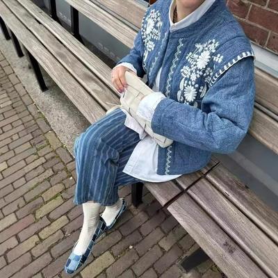Jachetă de damă din bumbac denim, stil retro: Haină Caldă cu Imprimeu European-American la Modă, Deschisă în Față