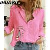 IHUASU Women's Fashion Casual Small Fish Print Long Sleeve POLO Neck Blouses & Shirts