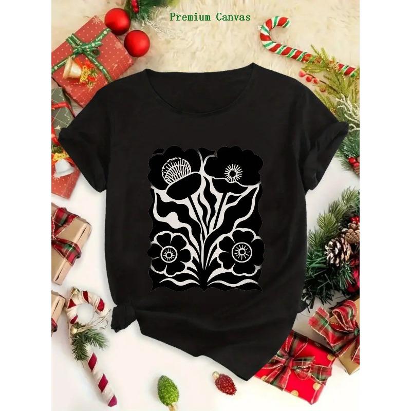

Women s Black White Floral Print Tee Crew Neck Short Sleeve Rolled Sleeve Light Gray Summer Party Festival Gifting Casual Stylish Top 4XL чорний