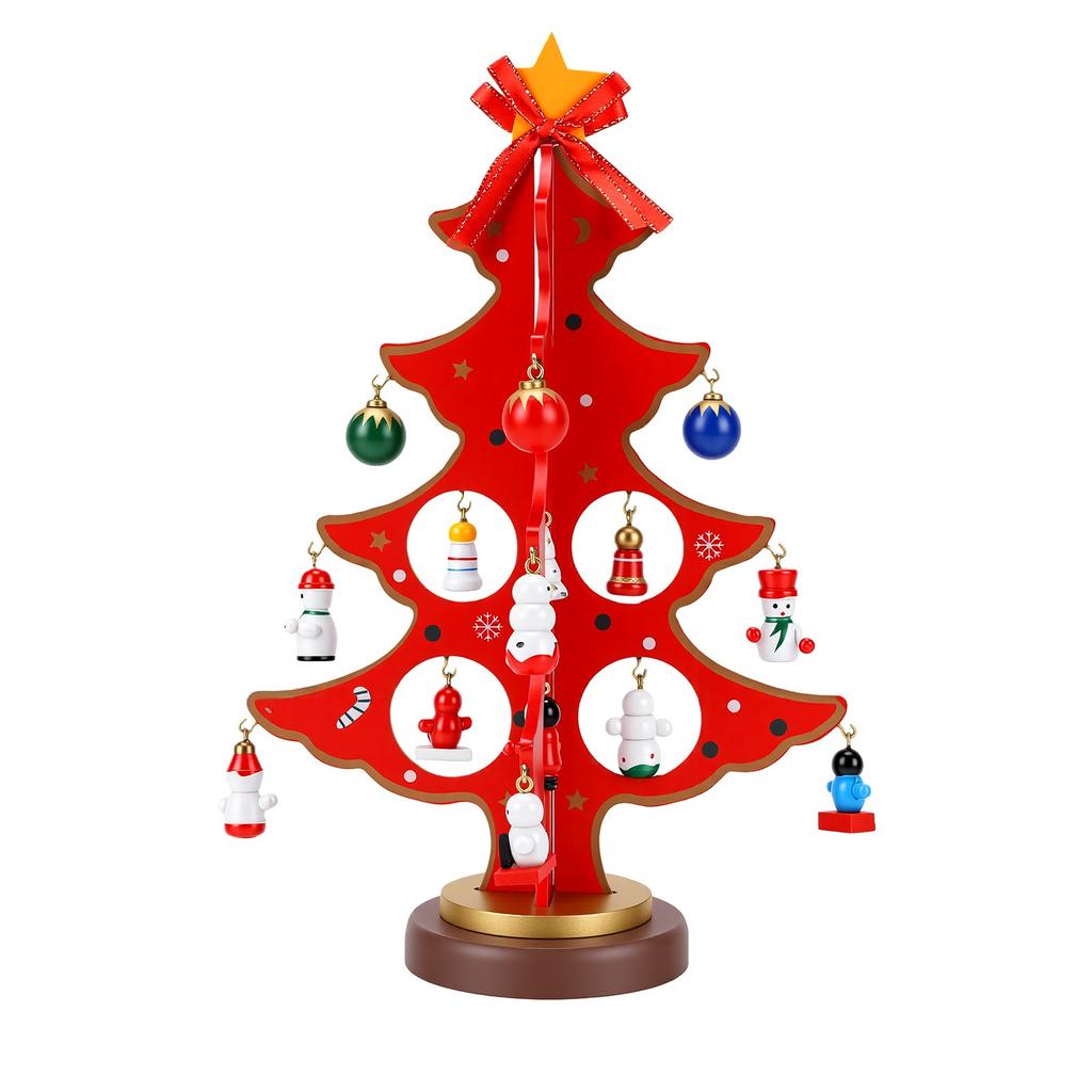 Wooden Xmas Tree DIY Kit Desktop Holiday Decor with Hanging Ornaments for Home Store Window Small Xmas Tree Red