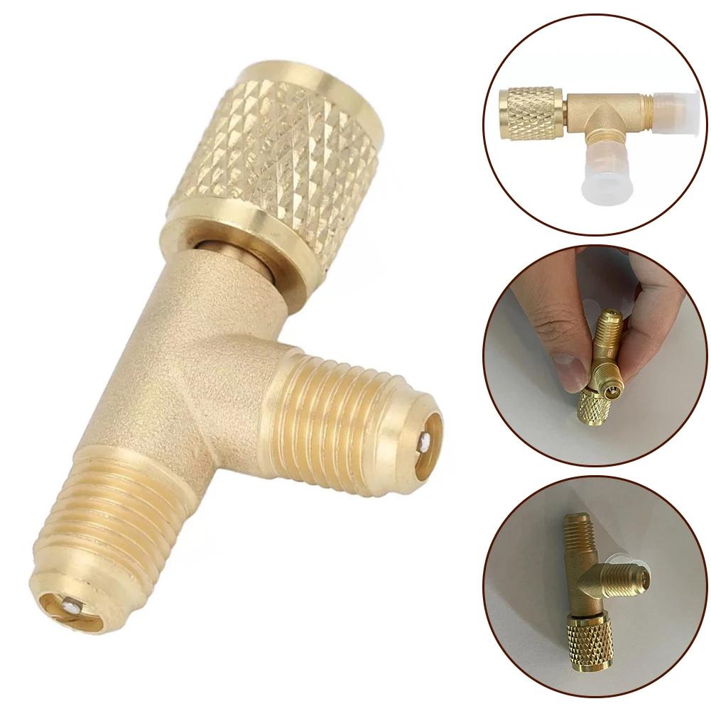 1pc Car Quick Coupler Tee Adapter Valve Core 1/4in SAE For R22 R12 R134 Brass Air-Conditioning Quick-Connector T-shaped Adapter