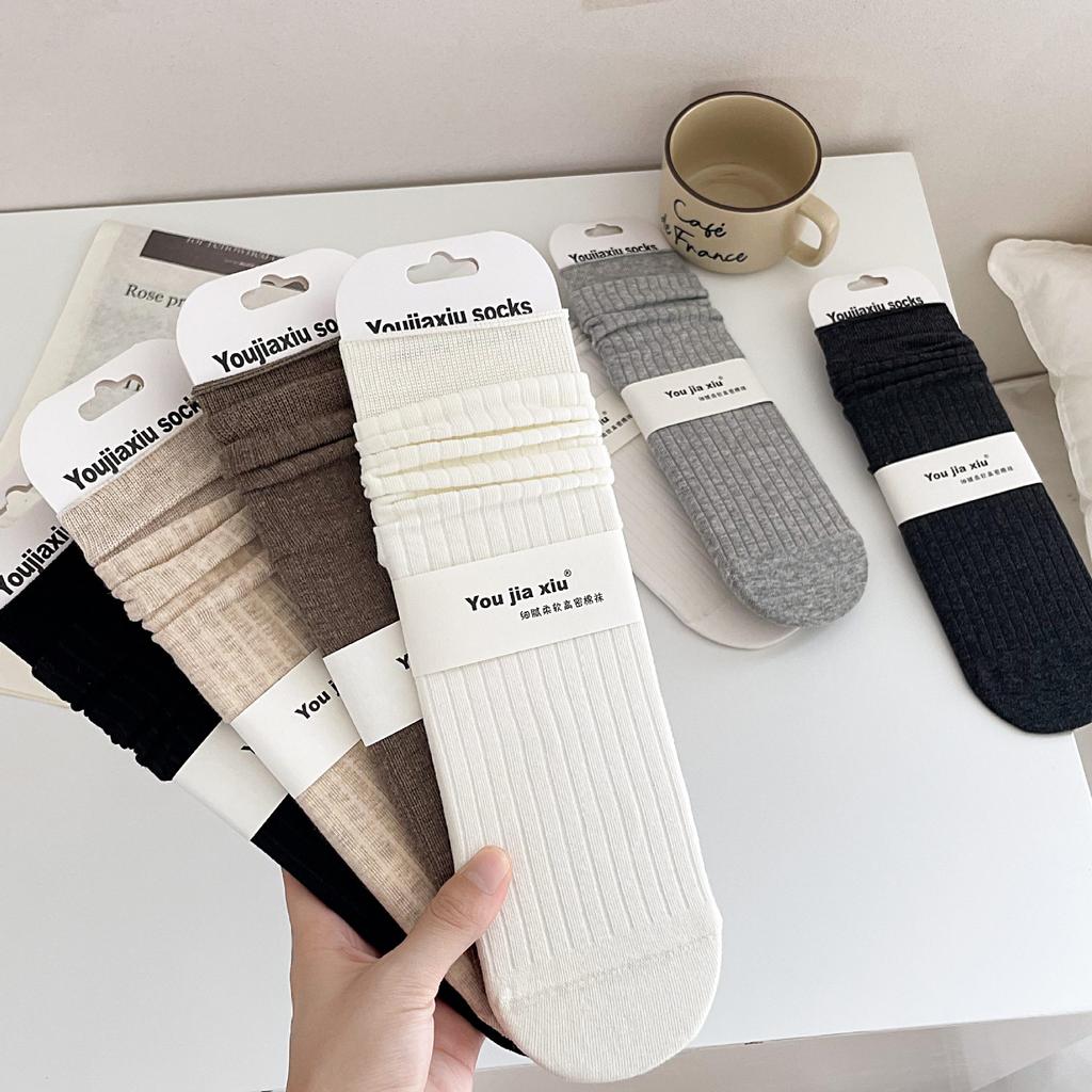Boneless Solid Color Straight Socks Women'S Loose Cotton Stacked Socks Simple And Versatile Mid-Leg Socks