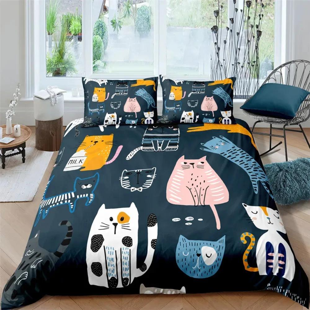 Cartoons Niedliche Katze Bettbezug Polyester Bettdeckenbezug Kissenbezug Junge Mädchen Liebevolle Tiere Bettwäscheset King Queen Full Size