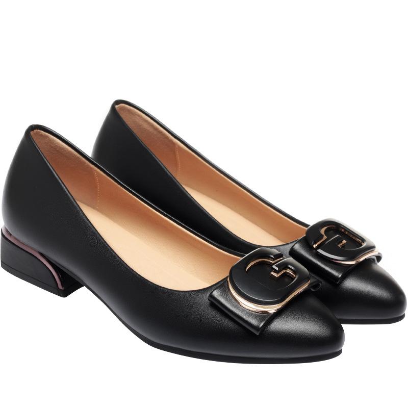 Fashion Women Simple Sweet Light Weight Black Crystal Square Heel Shoes Lady Fashion Comfort Pump Loafers Grace  Soft Leather Mid Heels