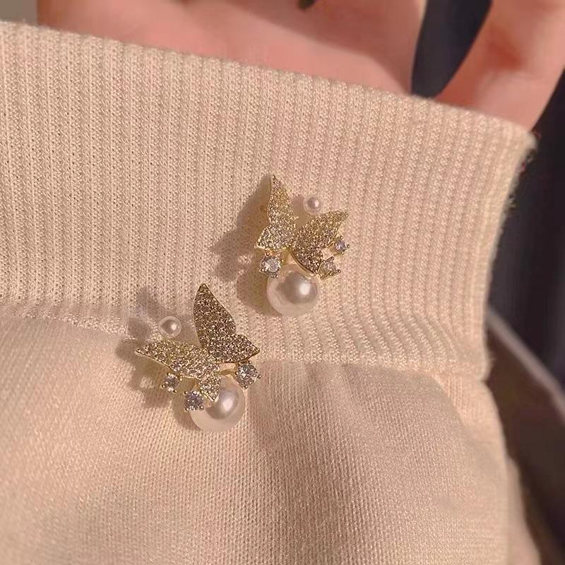 S925 Silber Diamant Geometrisch Koreanische Blume Perlenohrringe