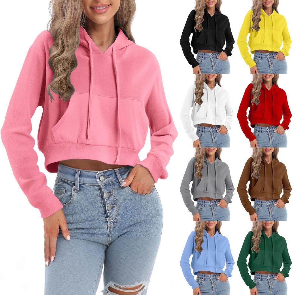 Women's Fashion Long Sleeve Solid Color Pullover Casual Loose Hooded Cropped Drawstring Sweatshirt