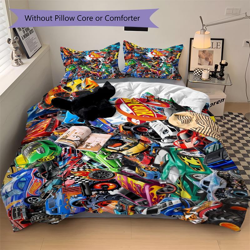 Hot Wheels Bedding 3 Piece Set HD Print Duvet Cover Pillowcases for Teens Adult Bedroom Decoration Christmas Gift
