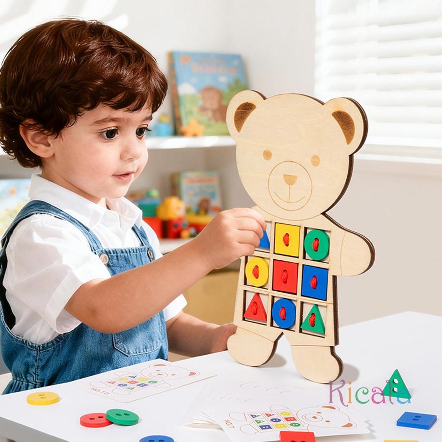 Wooden Lacing Bear Toy with pattern cards Learning Sewing Toy Shape Color Sorting Montessori math toy Match toddler game  Gifts