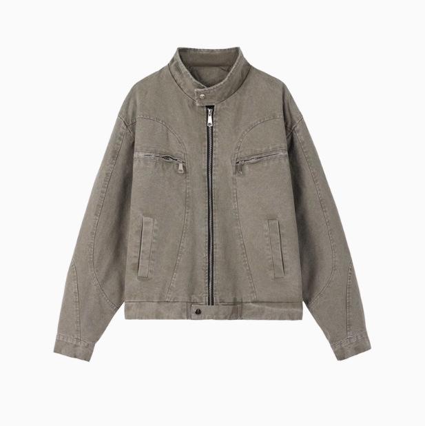 

Унисекс Ретро Джинсовая Куртка с Эффектом Потертости, Уникальный Силуэт с Воротником Харрингтон Extra Large серый