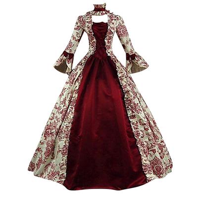 Women LaAe-Up Medieval Dress Ruffles Bow Vintage Victorian Carnival Maxi Dress Patchwork Floral Female Fairy Long Dress