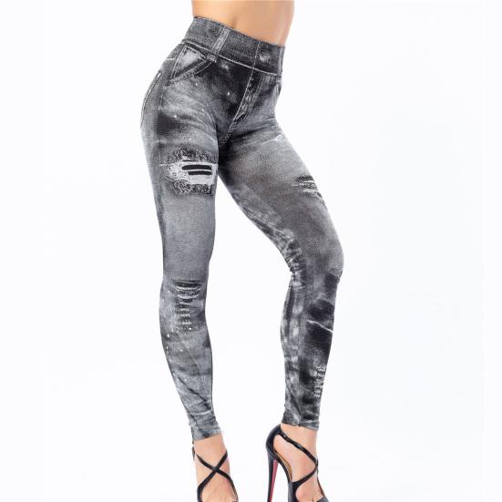 Multi Pockets Skinny Imitation Jeans Leggings Hip Lifting Ripped Holes Print Mid Waist Elastic Pants for Sports