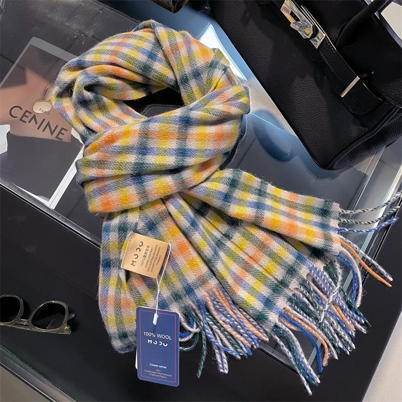 Luxury Winter 100% Wool Scarf Women Plaid Cashmere Handkerchief Warm Pashmina Female Shawl Pareo Soft Bufanda British Korean