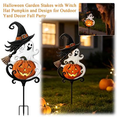 Halloween Garden Stakes with Witch Hat Pumpkin and Design for Outdoor Yard Decor Fall Party